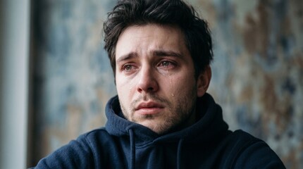 Fototapeta premium Sad young man crying with tears streaming down his face, depicting grief, depression, anxiety, emotional pain, and mental health struggle in a vulnerable portrait.