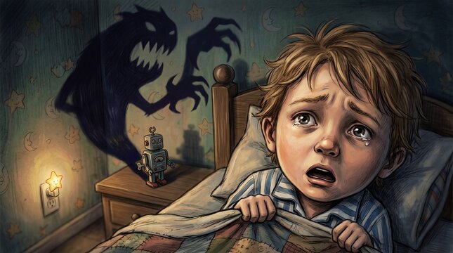 Terrified young boy crying in bed during a nightmare with a scary shadow monster on the wall, depicting childhood fear of the dark, anxiety, and sleep disorders.
