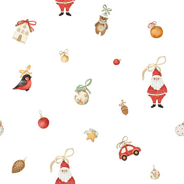 Christmas seamless pattern with cute watercolor Christmas toys, isolated illustration of hand-drawn holiday symbols for textile, background or wrapping paper, colorful minimalist print.