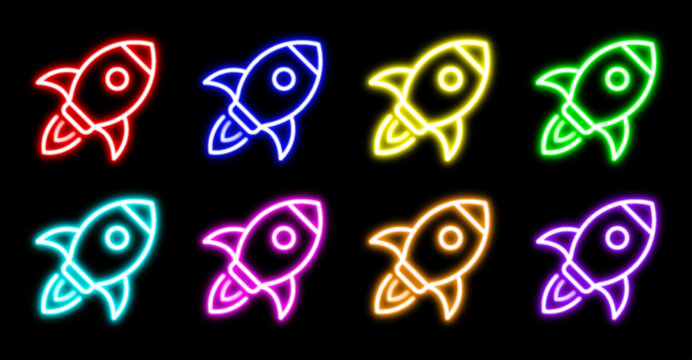 Neon Rocket Icons Set, Glowing Space Launch Outline Collection. Vector illustration