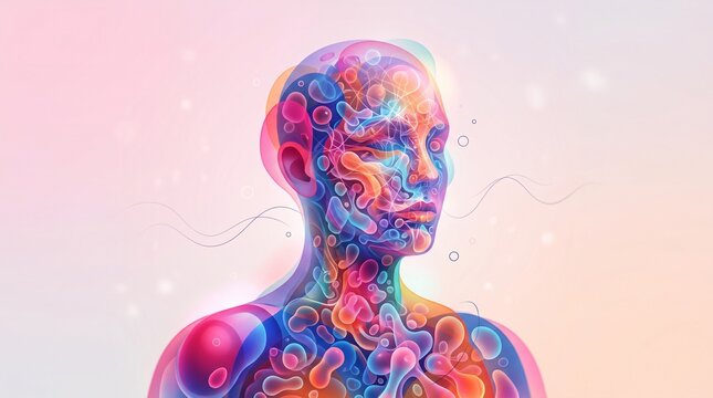 Colorful abstract human head with organic cellular shapes and neural networks, symbolizing mental health, neuroscience, cognitive function, and cellular biology.