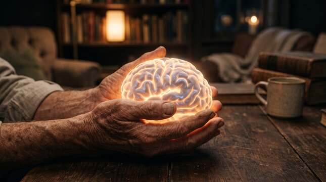 Elderly wrinkled hands gently holding a glowing human brain on a rustic wooden table, representing dementia awareness, mental wellness, memory loss, and cognitive aging.