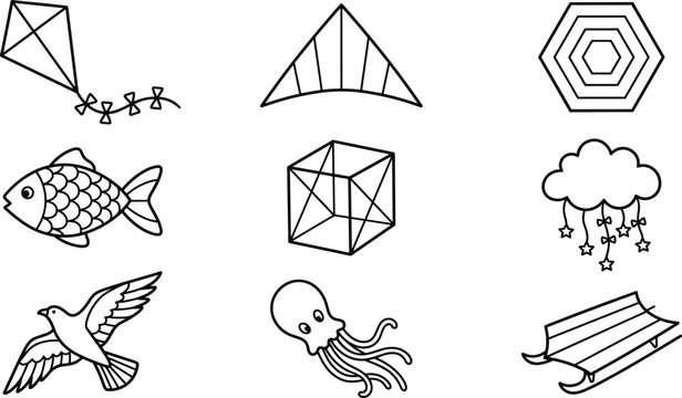 Kite Flying and Festival Outline Vector Icon Set featuring Diamond Kite, Parafoil, Fish, Box, Cloud, Star Mobile, Bird, Octopus, and Sled Kites