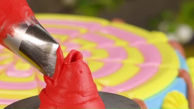 Piping red buttercream frosting onto a flower nail for cake decorating close-up