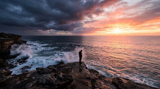 Lonely man standing on a cliff edge between a dark storm and a bright sunset, symbolizing depression, mental health struggle, hope, anxiety, and emotional recovery.