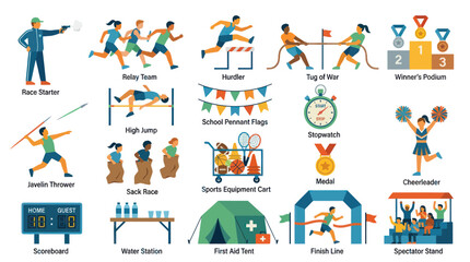 Naklejka premium Sports Competition Icons Set - Flat Design Vector Graphics for Athletics Events
