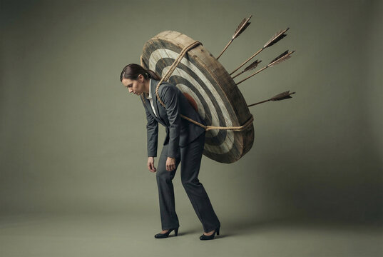 Exhausted stressed businesswoman in a dark suit is struggling to carry a giant heavy wooden archery target pierced by multiple arrows strapped to her back depicting a scapegoat