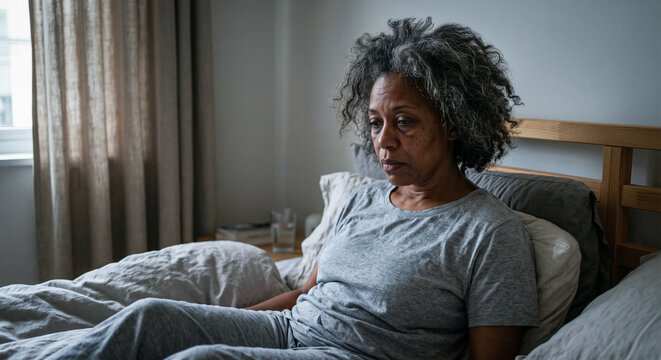 Exhausted Woman Sitting Up in Bed With Insomnia