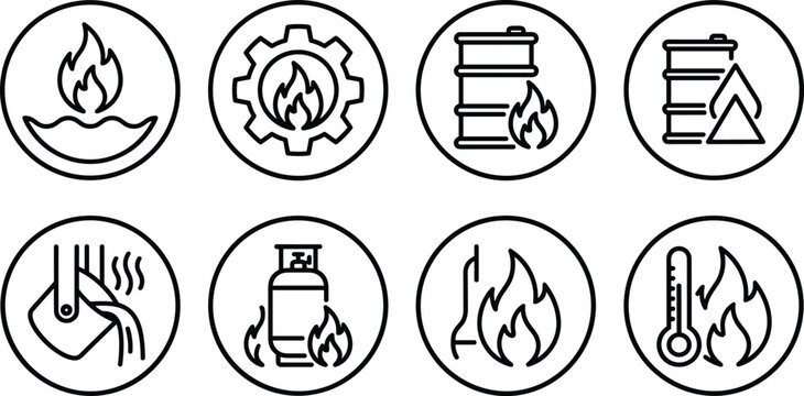 Circular Industrial Fire Hazard Warning Line Art Icon Set featuring Flammable Liquid, Gear Flame, Oil Barrel, Gas Cylinder, Molten Metal, and High Temperature Vectors