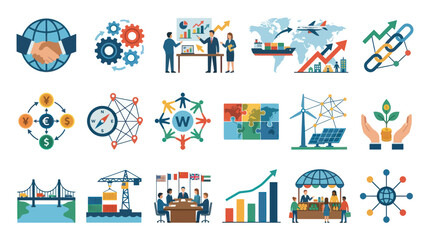 Naklejka premium Flat Design Business Economy Icons Set. Global Trade, Finance, Investment, Sustainability Concepts.