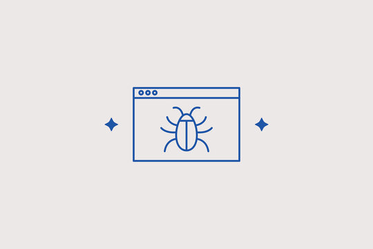 Browser window with insect bug line icon for software debugging. Vector illustration for quality assurance testing, computer system malware search.