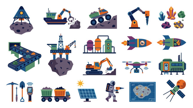 Flat Design Icons Set of Space Mining and Exploration Equipment