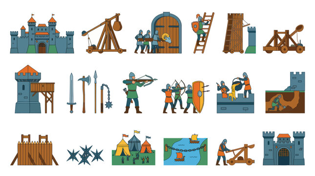 Medieval Castle Siege Weapons and Fortifications Flat Vector Icons Set