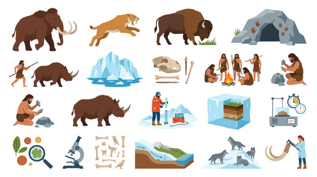 Flat Vector Illustration Set of Ice Age Prehistoric Archaeology  Anthropology Elements
