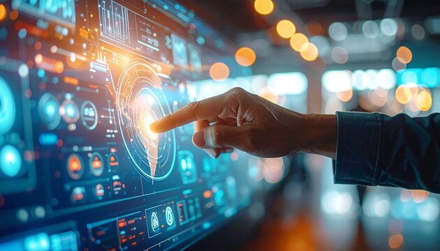 Futuristic digital screen with data UI being touched by human hand