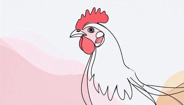 Minimalist continuous line art illustration of a white rooster head in profile featuring a bright red comb and wattle against a soft pastel pink background.