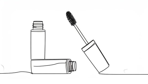 Minimalist continuous line art illustration of open mascara tubes and an applicator wand in black and white depicting beauty product essentials.