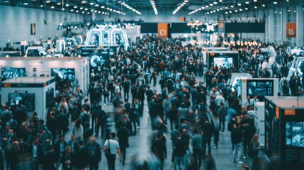 Obraz premium Dynamic trade show floor with motion blur of attendees highlighting the vibrant energy and movement of modern industry events.