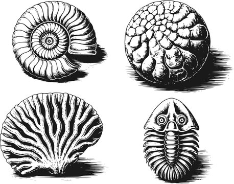 様々な古代の先史時代の化石を描いたヴィンテージスタイルの白黒インク画のコレクション