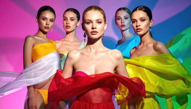 Fashionable women in colorful outfits.