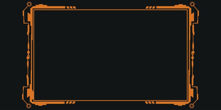 Futuristic orange digital HUD frame border isolated on dark background for gaming interface.