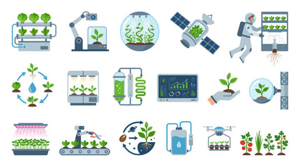 Naklejka premium Smart Farming Agritech Flat Icons Set: Future Agriculture, Vertical Hydroponic Technology Concepts