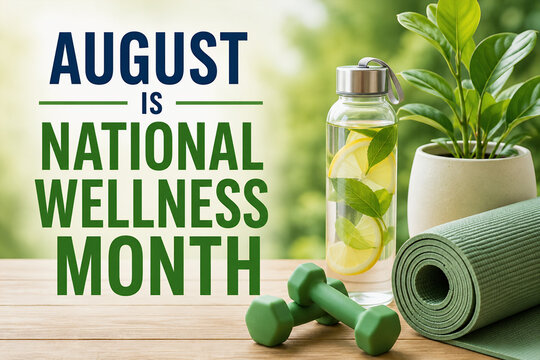 August Is National Wellness Month text with a water bottle, yoga mat, and dumbbells