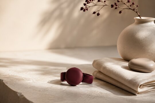 Minimal Femtech Wearable Sensor Still Life with Burgundy Accent