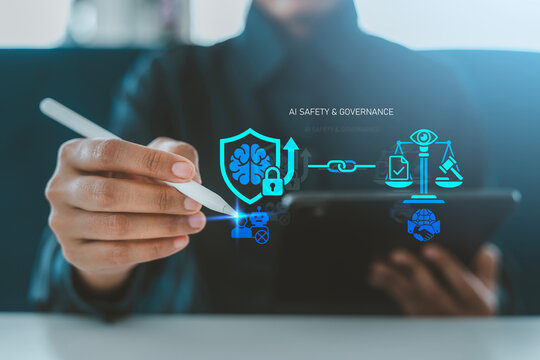 AI safety and governance concept person using stylus on tablet with digital hologram artificial intelligence shield scale and global handshake for international ethical consensus and regulation