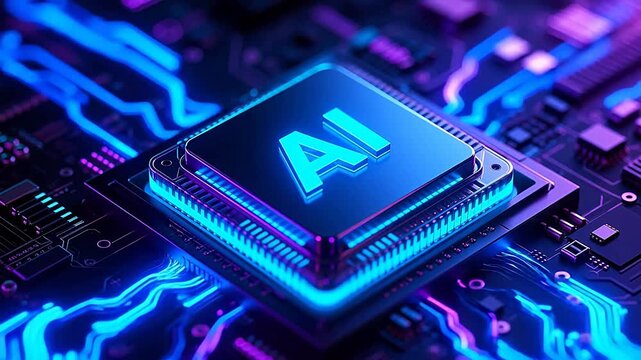 Glowing blue AI processor on circuit board