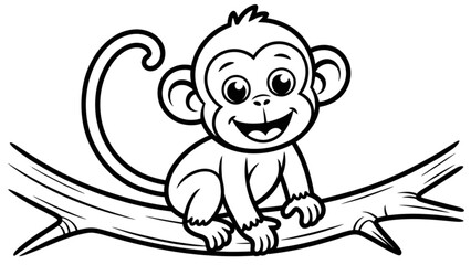 Cute cartoon monkey sitting on a curved branch with a smile Vector © Sagor