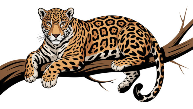 Beautiful spotted jaguar resting on a tree branch in natural habitat Vector