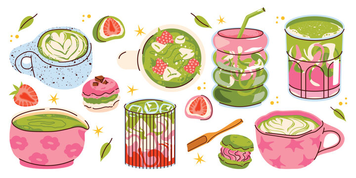 Cute matcha dessert vector sticker set with latte, tea, iced drink, macarons, strawberries, traditional accessories and sweet treats. Perfect for cafe, menu, stationery and food designs.