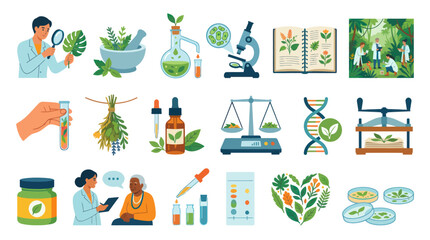 Fototapeta premium Herbal Medicine and Botany Research Icons: Scientists, Plants, Lab Equipment, DNA
