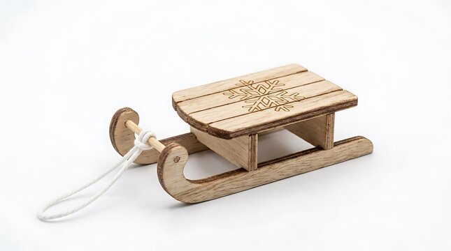 Small wooden sled ornament with snowflake design isolated on white background