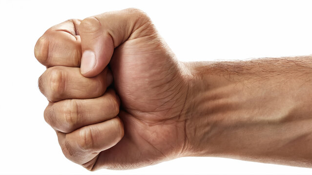 Clenched male fist isolated on white background for strength protest and power gesture