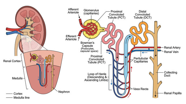 Human Kidney Anatomy and Nephron Function Diagram