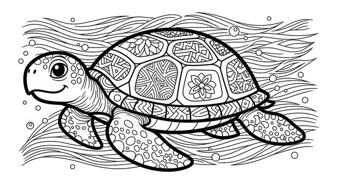 Black and white line art illustration of a cute sea turtle with patterned shell