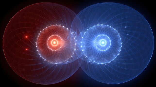 Intertwined koru symbols emitting red and blue glows in digital art