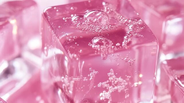 Extreme close up of translucent pink ice cube with delicate bubbles and frost texture illuminated by soft light creating abstract macro composition minimal aesthetic and fresh cooling concept studio