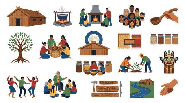 Indigenous Culture and Daily Life Vector Icons - Traditional Village, Family, Nature