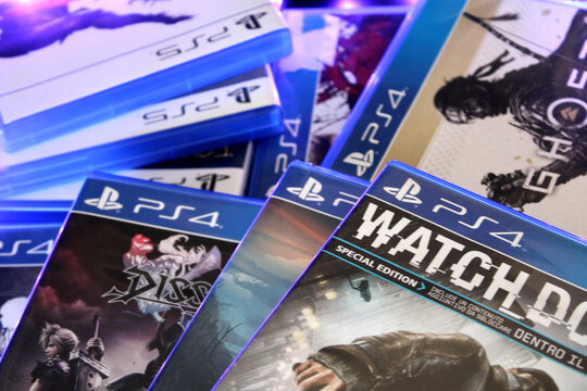 PlayStation PS4 game collection featuring popular video game titles. Editorial image showcasing console gaming, entertainment, digital media, and the modern gaming industry.