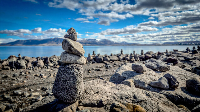 Stone pyramides in Rejkjavik harbor.