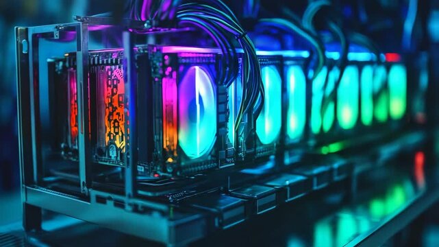 Colorful crypto mining rig with glowing graphics cards and cables in dark data center showing blockchain technology digital currency processing high performance computer hardware futuristic finance