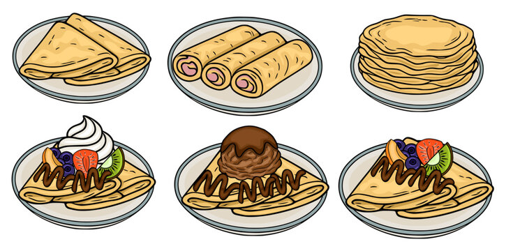 Breakfast crepes set vector illustration with pancakes, fruit toppings, and chocolate sauce