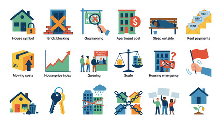 Naklejka premium Flat Design Housing Icons: Real Estate, Cost, Rent, Keys, Problems