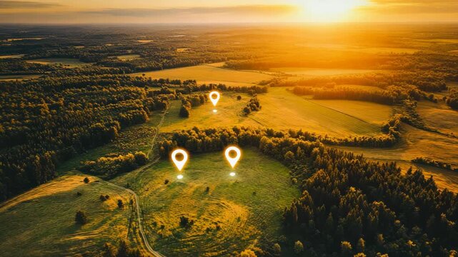 Beautiful aerial countryside landscape with fields forests and glowing sunset marked by digital GPS pins showing navigation mapping travel planning rural tourism and geolocation concept stock photo