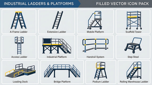 Industrial ladders and platforms for construction sites with various types of stairs and walkways are shown