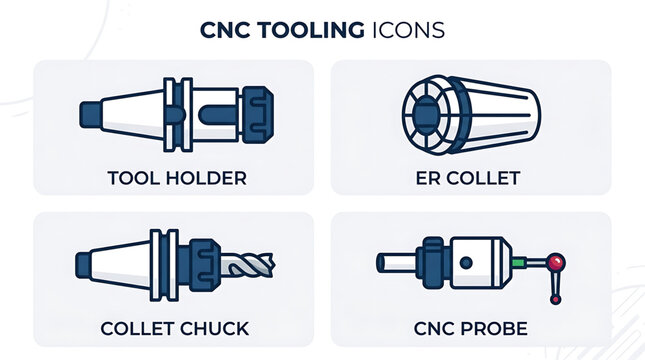 CNC tooling icons including a tool holder, ER collet, collet chuck, and CNC probe are shown.