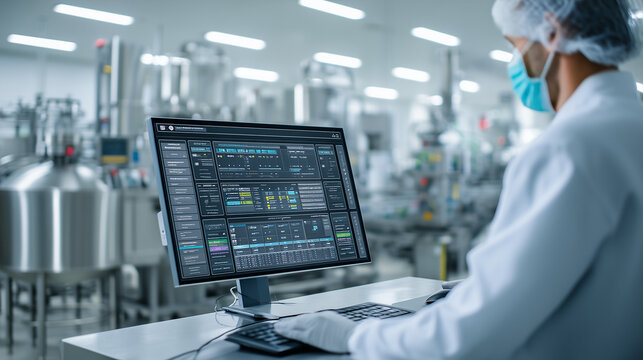 Food production specialist monitoring manufacturing data on a computer in a modern industrial facility. Digital factory management, process control and industrial automation.